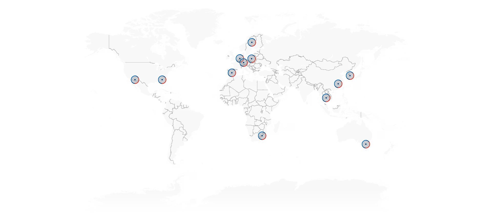 A world map with light gray outlines of countries and continents on a white background. Several locations are marked with blue circles containing red dots, distributed across North America, Europe, Asia, Africa, and Australia.