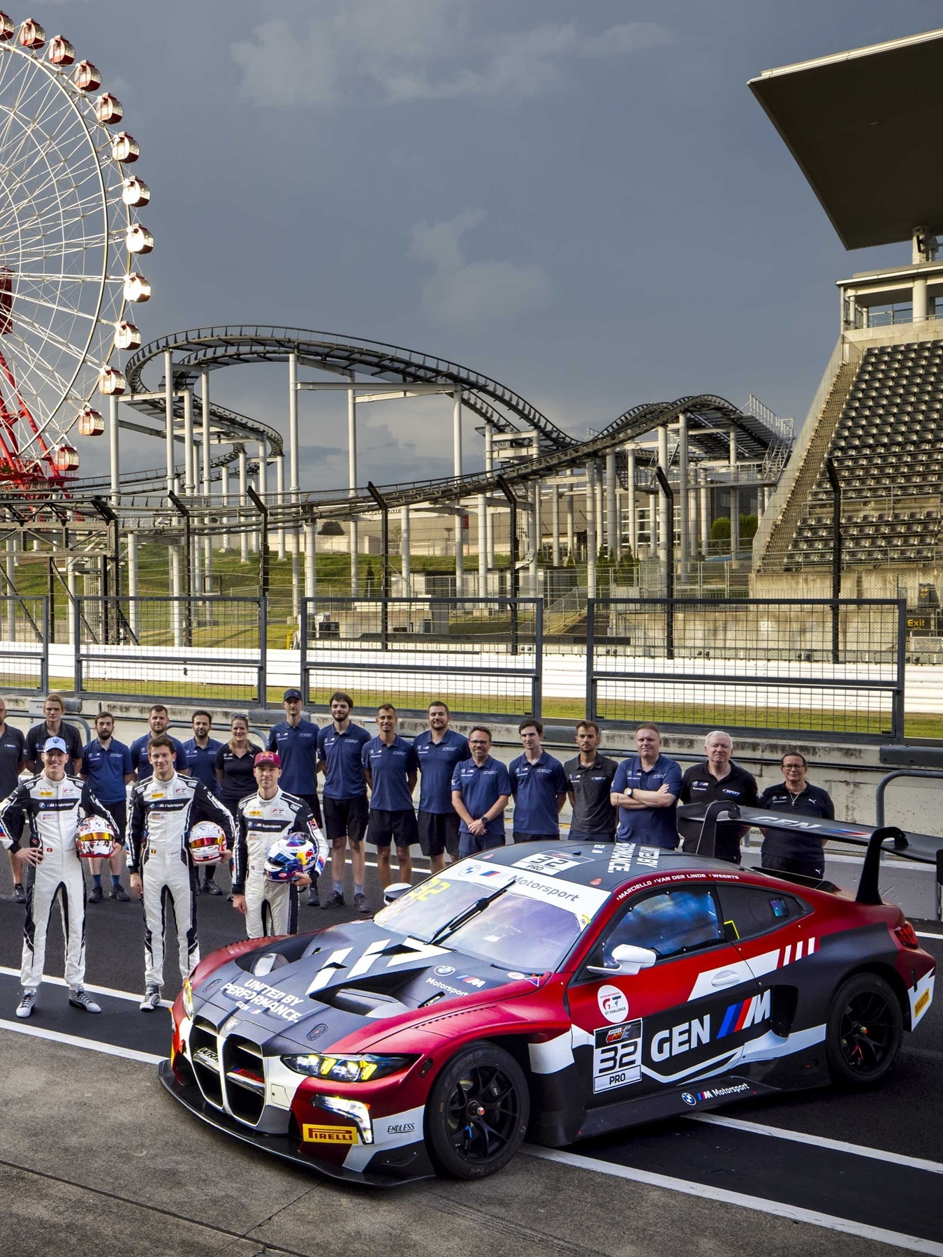 WRT Racing's #32 BMW M4 GT3 EVO boasting the GEN-M-Livery by the Suzuka racetrack.