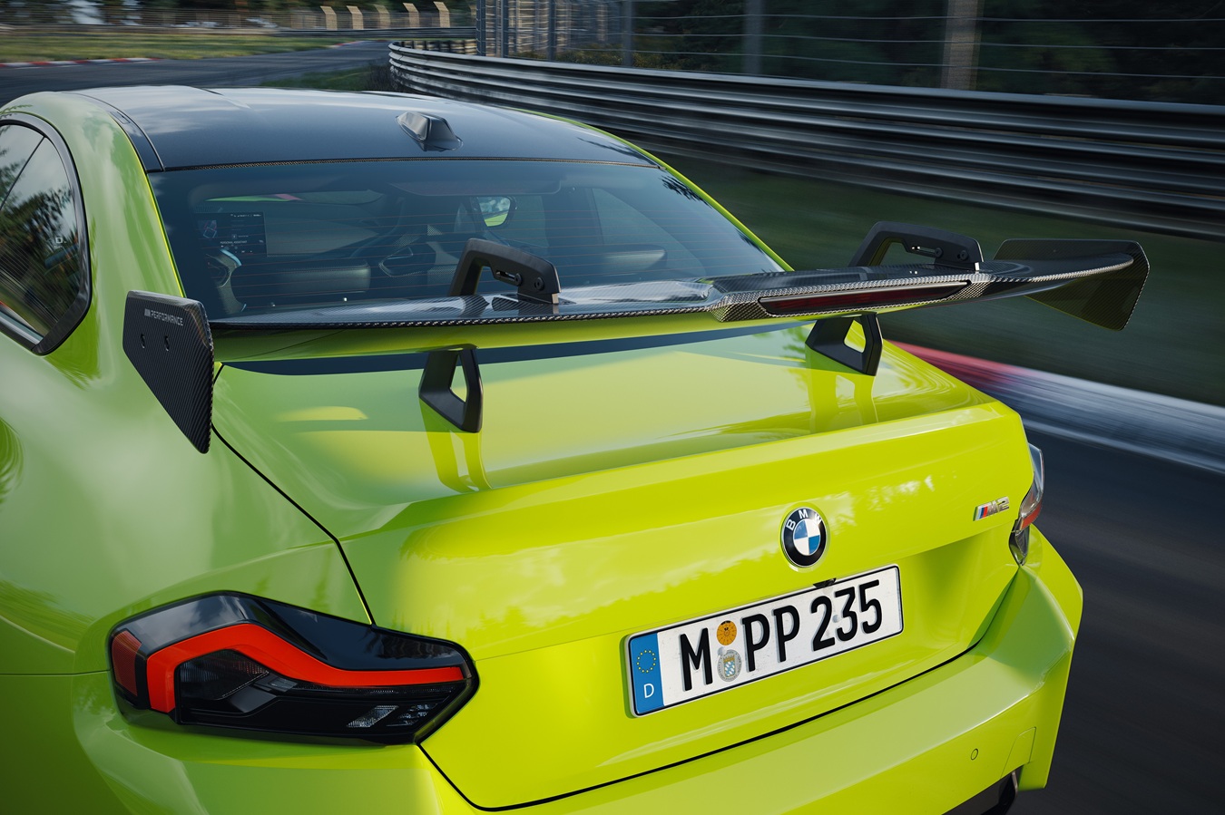 Swan neck rear wing of the BMW M2 with M Performance Track Kit.